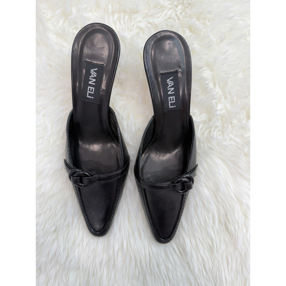 VANELi Black Leather Pointed Toe Mules Stiletto Kitten Heel Ring Buckle Size 9M